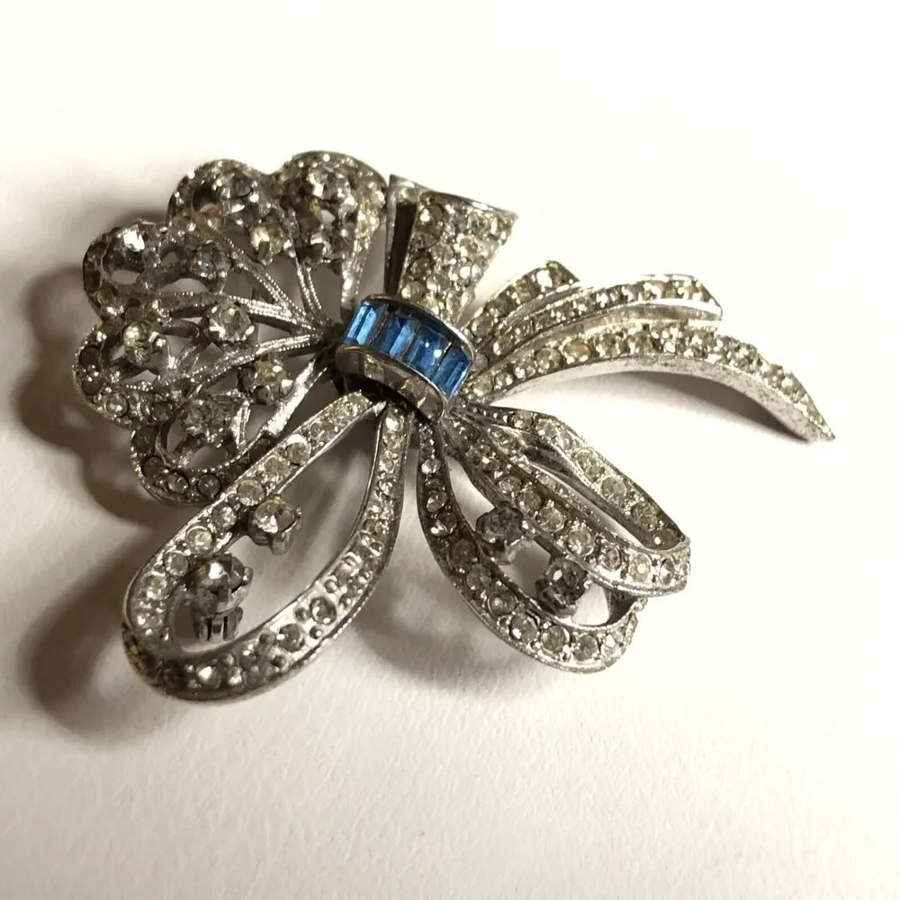 Sterling Silver Bow Brooch Sonia Lee 1940s Art Deco Rhinestone White Blue Vtg